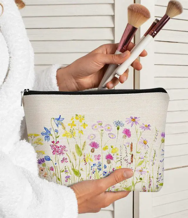 Alt view image 2 of 5 - Cottagecore Watercolor Wildflowers Colorful Meadow Flowers Makeup Bag,Colorful Floral Cosmetic Bag Best Gift Idea for Flower Lovers Girls Women Mom,Birthday Mother's Day Gifts for Mom