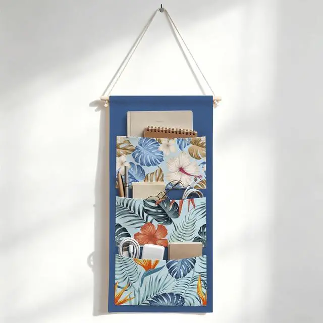 Main image of IAXIC Canvas Wall Hanging Organizer with Pockets Fish Extender Hanging Pouch Tropical Leaves Door Closet Organizers Fabric Storage Pockets Wall Decoration