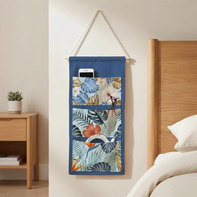 Alt view image 2 of 6 - IAXIC Canvas Wall Hanging Organizer with Pockets Fish Extender Hanging Pouch Tropical Leaves Door Closet Organizers Fabric Storage Pockets Wall Decoration