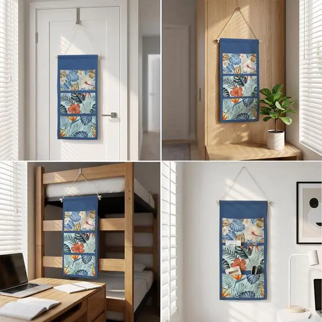 Alt view image 5 of 6 - IAXIC Canvas Wall Hanging Organizer with Pockets Fish Extender Hanging Pouch Tropical Leaves Door Closet Organizers Fabric Storage Pockets Wall Decoration
