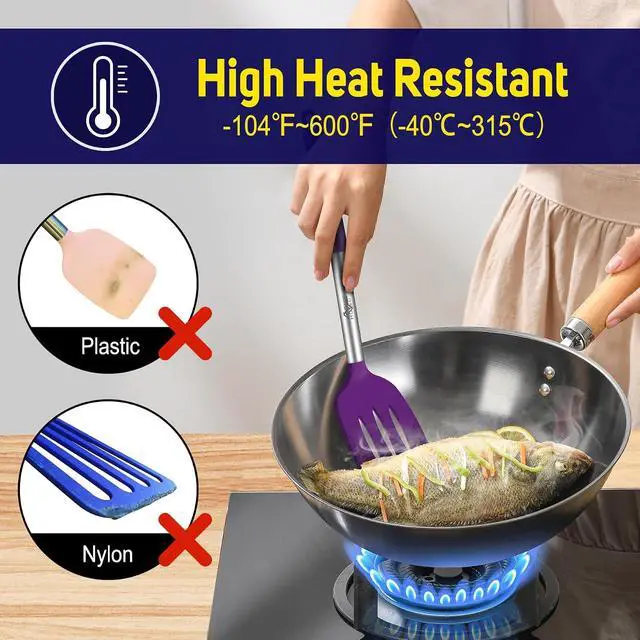 Alt view image 2 of 7 - HOTEC Silicone Spatula Set of 2 Heat-Resistant 600°F & BPA-Free Kitchen SaptulaTurner with Stainless Steel Handles, Slotted & Solid Spatulas for Nonstick Cookware, 13.7 Inch, Purple