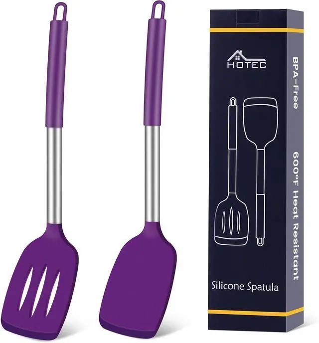 Main image of HOTEC Silicone Spatula Set of 2 Heat-Resistant 600°F & BPA-Free Kitchen SaptulaTurner with Stainless Steel Handles, Slotted & Solid Spatulas for Nonstick Cookware, 13.7 Inch, Purple