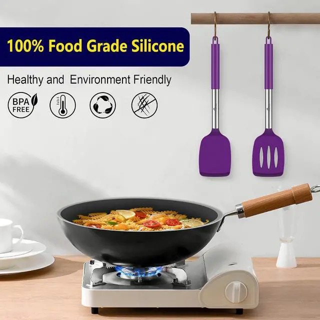 Alt view image 3 of 7 - HOTEC Silicone Spatula Set of 2 Heat-Resistant 600°F & BPA-Free Kitchen SaptulaTurner with Stainless Steel Handles, Slotted & Solid Spatulas for Nonstick Cookware, 13.7 Inch, Purple