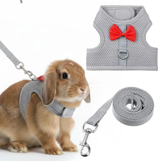 Main image of Bunny Harness and Leash Set, Cute Bow Rabbit Vest Soft Breathable Mesh Rabbit Leash and Harness Set Escape Proof Walking Gear for Rabbits, Ferrets, Kittens, Guinea Pigs, Grey M