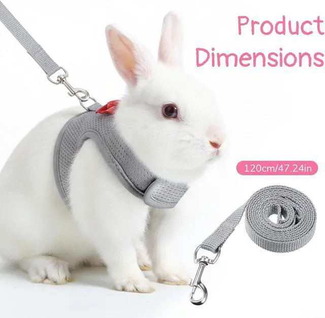 Alt view image 2 of 6 - Bunny Harness and Leash Set, Cute Bow Rabbit Vest Soft Breathable Mesh Rabbit Leash and Harness Set Escape Proof Walking Gear for Rabbits, Ferrets, Kittens, Guinea Pigs, Grey M