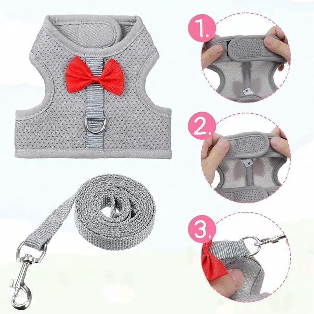 Alt view image 4 of 6 - Bunny Harness and Leash Set, Cute Bow Rabbit Vest Soft Breathable Mesh Rabbit Leash and Harness Set Escape Proof Walking Gear for Rabbits, Ferrets, Kittens, Guinea Pigs, Grey M
