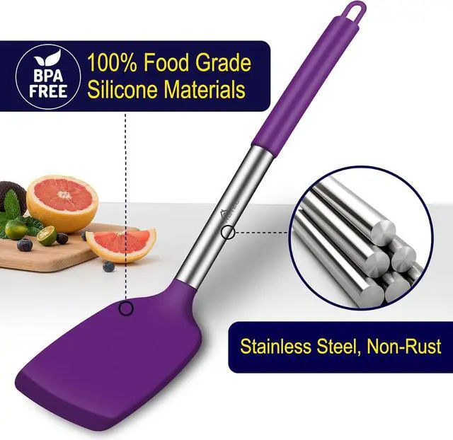 Alt view image 4 of 7 - HOTEC Silicone Spatula Set of 2 Heat-Resistant 600°F & BPA-Free Kitchen SaptulaTurner with Stainless Steel Handles, Slotted & Solid Spatulas for Nonstick Cookware, 13.7 Inch, Purple