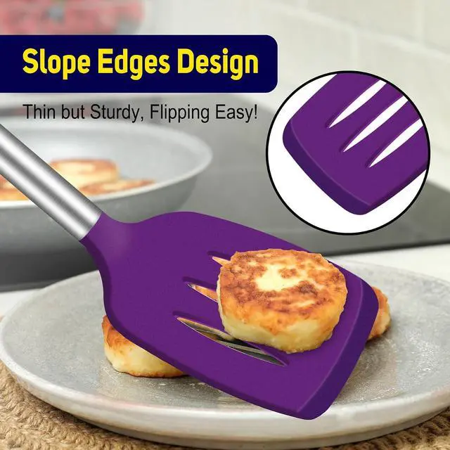 Alt view image 5 of 7 - HOTEC Silicone Spatula Set of 2 Heat-Resistant 600°F & BPA-Free Kitchen SaptulaTurner with Stainless Steel Handles, Slotted & Solid Spatulas for Nonstick Cookware, 13.7 Inch, Purple