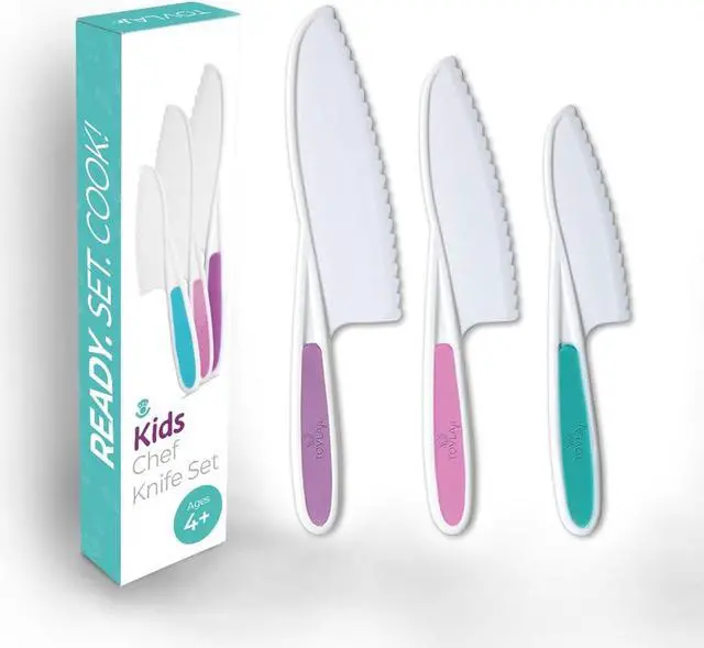 Main image of Tovla Jr. Kid Safe Knife Set for Real Cooking | Toddler Knives | Ages 4-12 | Montessori Kitchen Tools for Girls | Kids Knife Set of 3 | BPA Free Dishwasher Safe | Birthday Christmas Stocking Stuffer