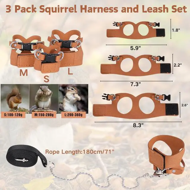 Alt view image 2 of 7 - 3 Pack Squirrel Harness and Leash Set - Adjustable Soft Leather & Traction Rope Strap Anti-Biting Chainfor Small Pet Walk Jogging Bearded Dragon Reptile Squirrel Rat