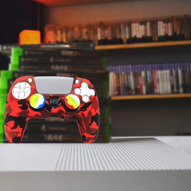 Alt view image 5 of 6 - Skin for PS5 Controller Grips, Silicone Case Cover for PlayStation 5 Anti-Slip Protector with 4pcs Thumb Joysticks Caps (4caps red Camouflage)