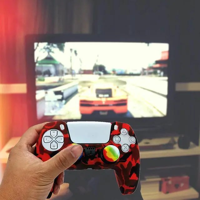 Alt view image 6 of 6 - Skin for PS5 Controller Grips, Silicone Case Cover for PlayStation 5 Anti-Slip Protector with 4pcs Thumb Joysticks Caps (4caps red Camouflage)