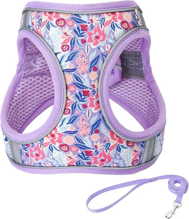 Main image of Light Purple Flower Pattern Dog Harness and Leash Set,No Escape Puppy Harnesses for Training WalkingBreathable Adjustable Puppy Vest for Small Medium Dogs, Cats (Light Purple, XXS)