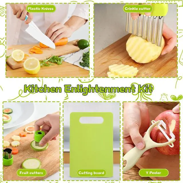 Alt view image 4 of 5 - 9PCS Montessori Kitchen Tools Cookware Baking Toy, Kids Knife Set for Real Cooking with Cutting Boards, Crinkle Cutte, Y Peeler, Serrated Edges Plastic Toddler Knife Kid Safe Knives