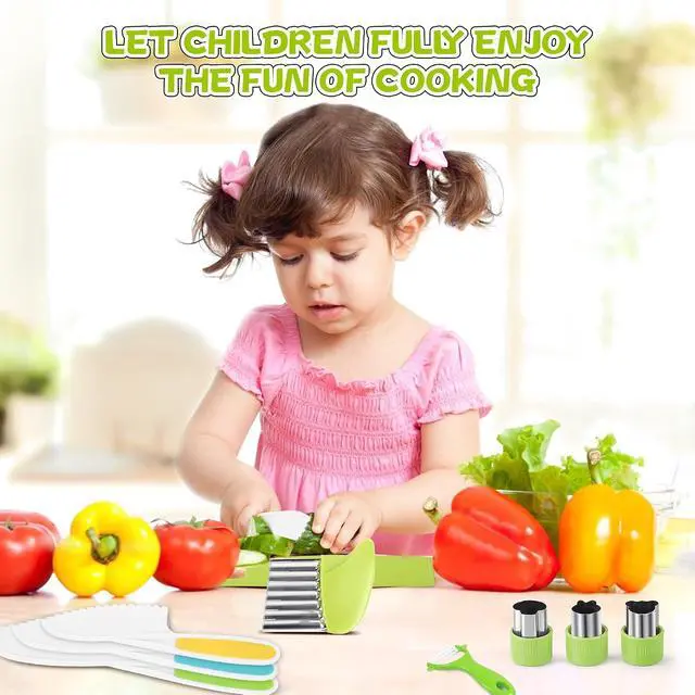 Alt view image 5 of 5 - 9PCS Montessori Kitchen Tools Cookware Baking Toy, Kids Knife Set for Real Cooking with Cutting Boards, Crinkle Cutte, Y Peeler, Serrated Edges Plastic Toddler Knife Kid Safe Knives