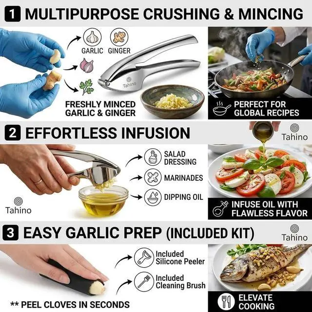 Alt view image 2 of 7 - TAHINO Garlic Press Crusher & Mincer Heavy Duty Zinc Alloy Garlic Press, Ergonomic Easy Squeeze Handheld Garlic Crusher Tool, Rust Resistant Kitchen Garlic Mincer