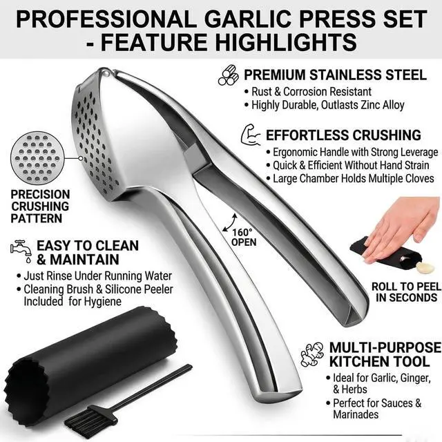 Alt view image 3 of 7 - TAHINO Garlic Press Crusher & Mincer Heavy Duty Zinc Alloy Garlic Press, Ergonomic Easy Squeeze Handheld Garlic Crusher Tool, Rust Resistant Kitchen Garlic Mincer