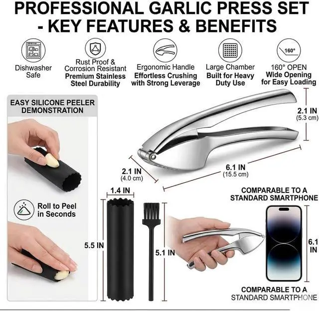 Alt view image 7 of 7 - TAHINO Garlic Press Crusher & Mincer Heavy Duty Zinc Alloy Garlic Press, Ergonomic Easy Squeeze Handheld Garlic Crusher Tool, Rust Resistant Kitchen Garlic Mincer