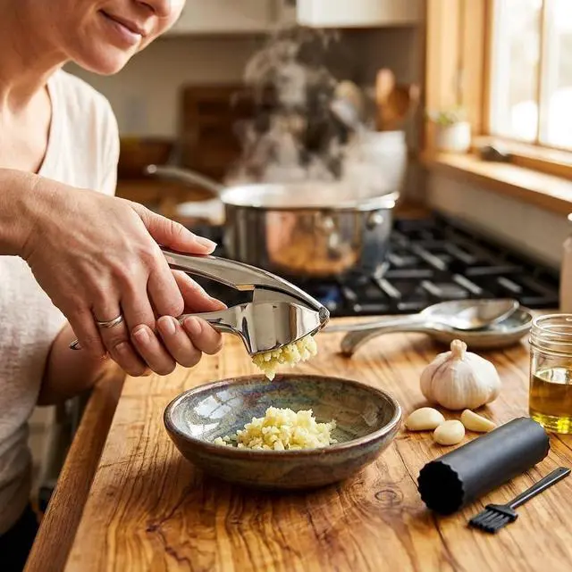 Alt view image 5 of 7 - TAHINO Garlic Press Crusher & Mincer Heavy Duty Zinc Alloy Garlic Press, Ergonomic Easy Squeeze Handheld Garlic Crusher Tool, Rust Resistant Kitchen Garlic Mincer