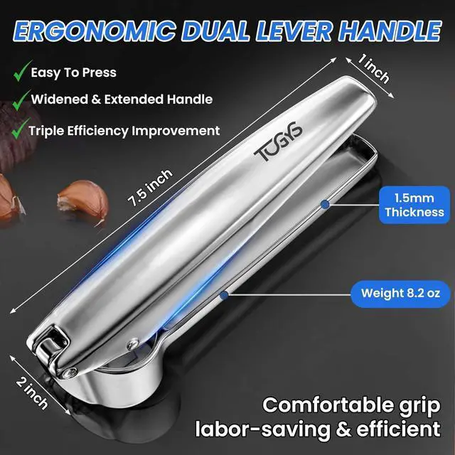Alt view image 2 of 7 - Heavy Duty Stainless Steel Garlic Press - Professional Grade Garlic Mincer & Crusher with Ergonomic Soft Grip Handle, Dishwasher Safe, Rust-Proof - Easy to Clean Kitchen Gadget for Cooking