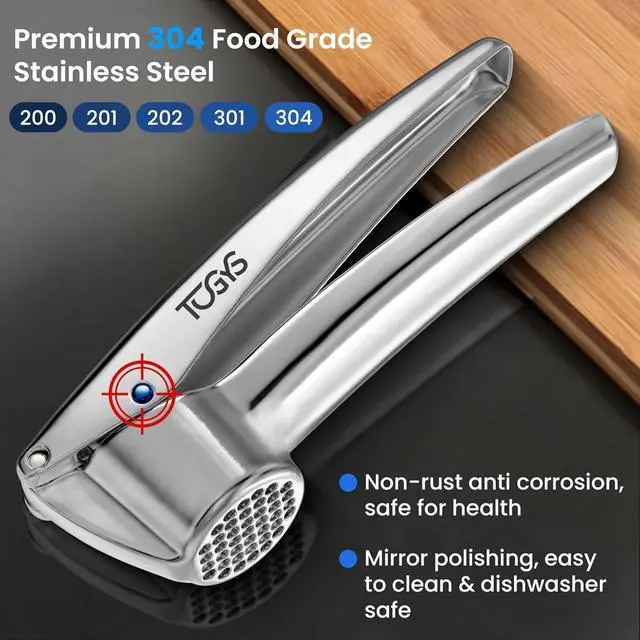 Alt view image 4 of 7 - Heavy Duty Stainless Steel Garlic Press - Professional Grade Garlic Mincer & Crusher with Ergonomic Soft Grip Handle, Dishwasher Safe, Rust-Proof - Easy to Clean Kitchen Gadget for Cooking