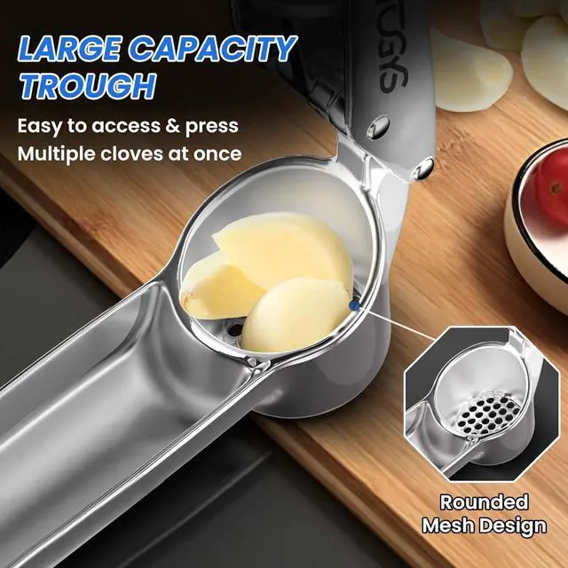 Alt view image 3 of 7 - Heavy Duty Stainless Steel Garlic Press - Professional Grade Garlic Mincer & Crusher with Ergonomic Soft Grip Handle, Dishwasher Safe, Rust-Proof - Easy to Clean Kitchen Gadget for Cooking