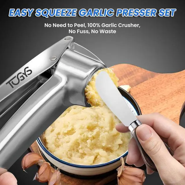 Alt view image 7 of 7 - Heavy Duty Stainless Steel Garlic Press - Professional Grade Garlic Mincer & Crusher with Ergonomic Soft Grip Handle, Dishwasher Safe, Rust-Proof - Easy to Clean Kitchen Gadget for Cooking