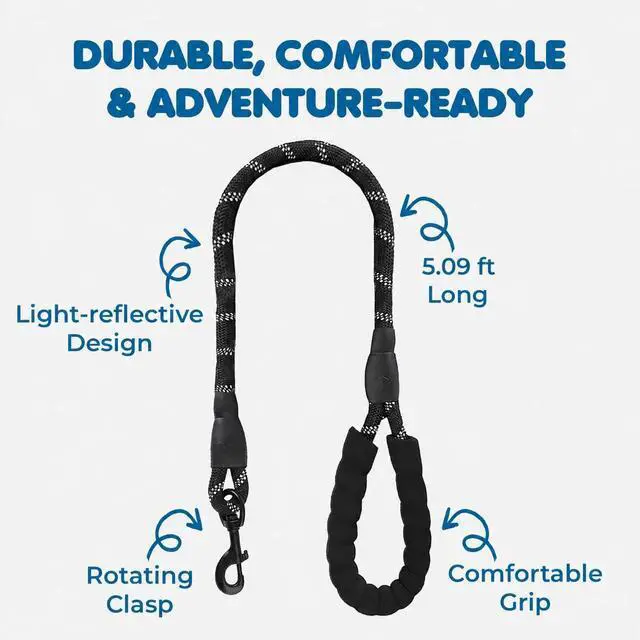 Alt view image 5 of 7 - SunGrow 61-inch Nylon Dog Rope Leash, Large Dog Training Tool with Padded Handle & Heavy-Duty Metal Clasp, Reflective, Lightweight & Travel-Friendly for Medium, and Large Dogs, Black