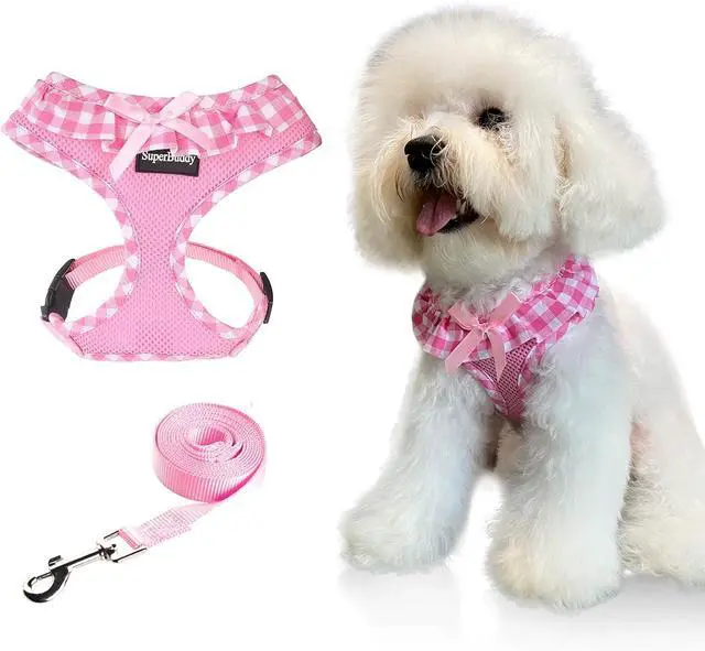 Main image of SuperBuddy Upgraded Soft Mesh Dog Harness, Super Breathable Lightweight Pet Harnesses for Puppy Dogs Outdoor Walking, Pink Dog Harness and Dog Leash Set Packing -Small