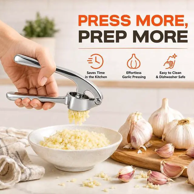 Alt view image 2 of 7 - CUNSENR Garlic Press Set, Premium Rust Proof Garlic Mincer Tool with Ergonomic Handle, Easy Squeeze & Easy Clean Garlic Crusher, Dishwasher Safe with Silicone Peeler and Brush - Silver