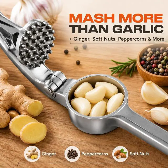 Alt view image 4 of 7 - CUNSENR Garlic Press Set, Premium Rust Proof Garlic Mincer Tool with Ergonomic Handle, Easy Squeeze & Easy Clean Garlic Crusher, Dishwasher Safe with Silicone Peeler and Brush - Silver