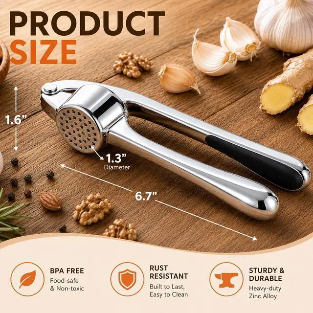 Alt view image 5 of 7 - CUNSENR Garlic Press Set, Premium Rust Proof Garlic Mincer Tool with Ergonomic Handle, Easy Squeeze & Easy Clean Garlic Crusher, Dishwasher Safe with Silicone Peeler and Brush - Silver