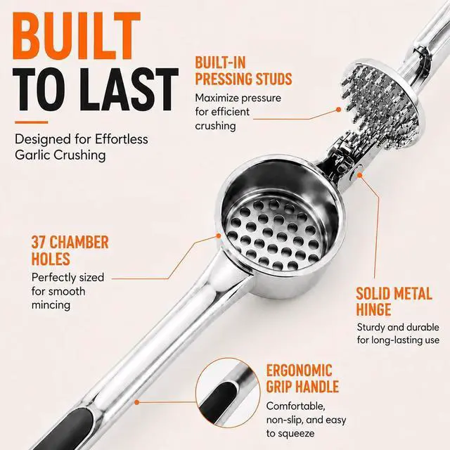 Alt view image 6 of 7 - CUNSENR Garlic Press Set, Premium Rust Proof Garlic Mincer Tool with Ergonomic Handle, Easy Squeeze & Easy Clean Garlic Crusher, Dishwasher Safe with Silicone Peeler and Brush - Silver