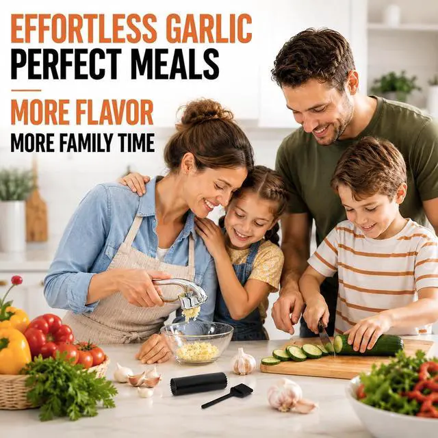 Alt view image 7 of 7 - CUNSENR Garlic Press Set, Premium Rust Proof Garlic Mincer Tool with Ergonomic Handle, Easy Squeeze & Easy Clean Garlic Crusher, Dishwasher Safe with Silicone Peeler and Brush - Silver