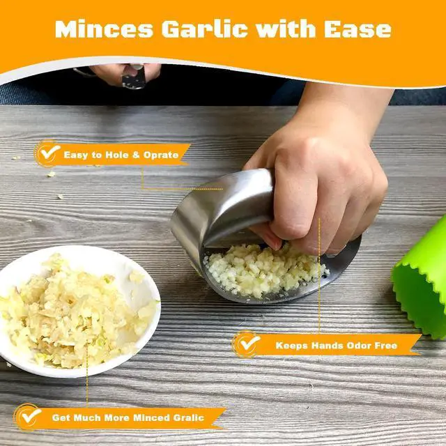 Alt view image 2 of 7 - Garlic Press Rocker Heavy Duty Stainless Steel Garlic Mincer Garlic Crusher Garlic Chopper with Peeler And Scraper for Smash Garlic Built-in Bottle Opener