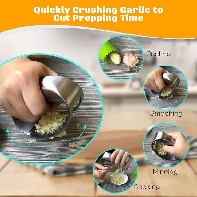 Alt view image 3 of 7 - Garlic Press Rocker Heavy Duty Stainless Steel Garlic Mincer Garlic Crusher Garlic Chopper with Peeler And Scraper for Smash Garlic Built-in Bottle Opener