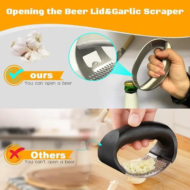 Alt view image 4 of 7 - Garlic Press Rocker Heavy Duty Stainless Steel Garlic Mincer Garlic Crusher Garlic Chopper with Peeler And Scraper for Smash Garlic Built-in Bottle Opener