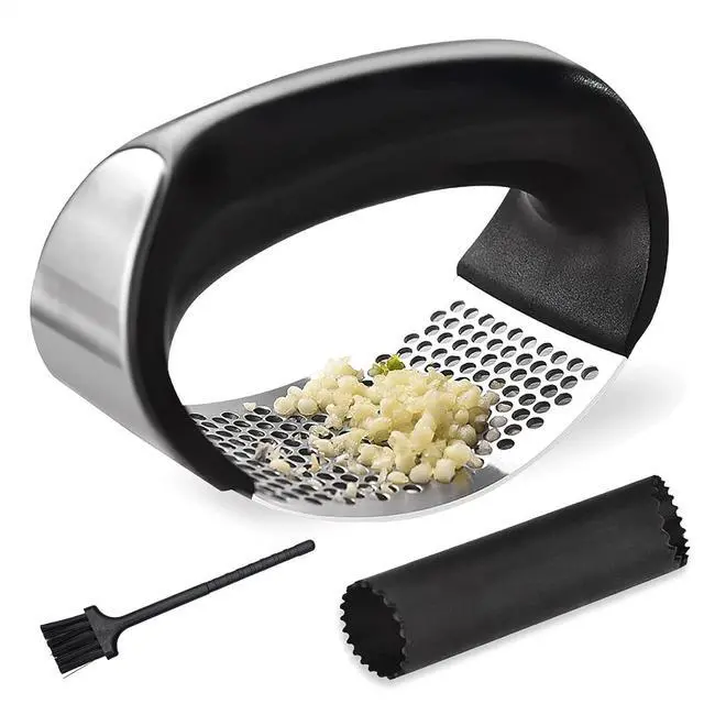 Main image of Innovative Rocking Garlic Press SetPremium Stainless Steel Garlic Crusher with Ergonomic Handle,Includes Garlic Peeler&Cleaning Brush,Easy to Clean,Effortless Mincing Tool for Kitchen