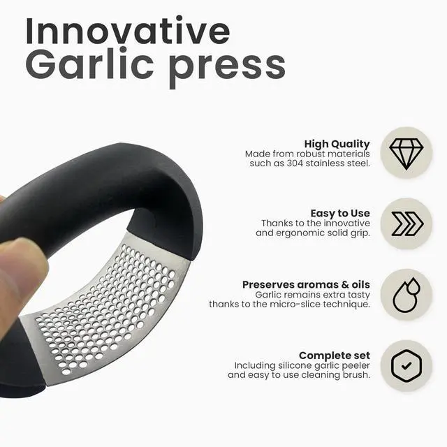 Alt view image 5 of 6 - Innovative Rocking Garlic Press SetPremium Stainless Steel Garlic Crusher with Ergonomic Handle,Includes Garlic Peeler&Cleaning Brush,Easy to Clean,Effortless Mincing Tool for Kitchen