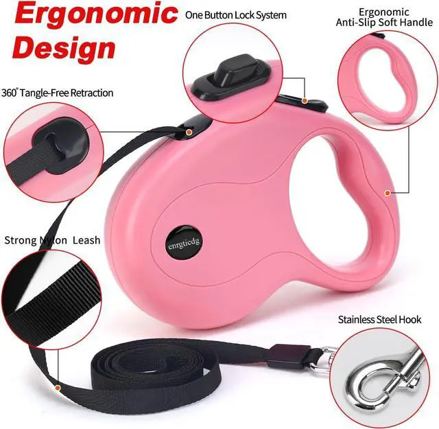 Alt view image 4 of 7 - enrgticdg 16Ft Retractable Dog Leash,Light Weight Leash for Small to Medium Dogs/Cats Up to 50lbs,Stainless Steel Spring Strong Nylon Tape, Tangle Free, One-Handed Brake.(Pink-Black)