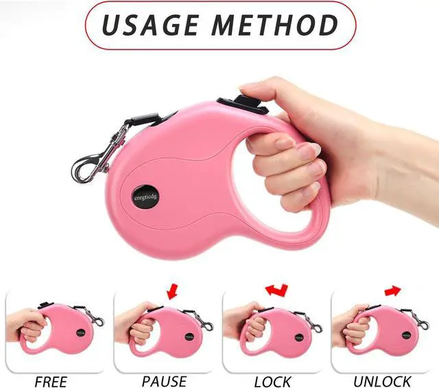 Alt view image 5 of 7 - enrgticdg 16Ft Retractable Dog Leash,Light Weight Leash for Small to Medium Dogs/Cats Up to 50lbs,Stainless Steel Spring Strong Nylon Tape, Tangle Free, One-Handed Brake.(Pink-Black)