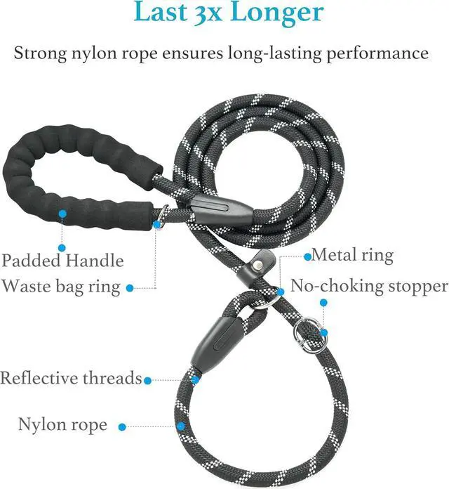 Alt view image 2 of 7 - iYoShop Durable Slip Lead Dog Leash, 1/2" x 6 FT, Black | Padded Handle, Reflective Threads, No Pull, Dog Training Leash