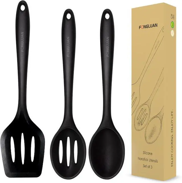Main image of Silicone Nonstick Utensils, Set of 3, Black, Silicone Cooking Utensils Set, Turner/Spatula and Spoons - Heat Resistant, Nonstick Cookware, Dishwasher Safe