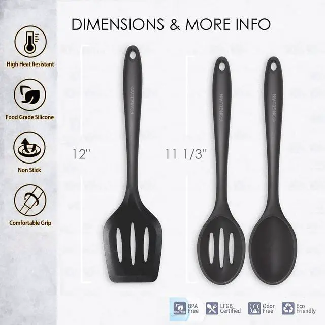 Alt view image 2 of 6 - Silicone Nonstick Utensils, Set of 3, Black, Silicone Cooking Utensils Set, Turner/Spatula and Spoons - Heat Resistant, Nonstick Cookware, Dishwasher Safe