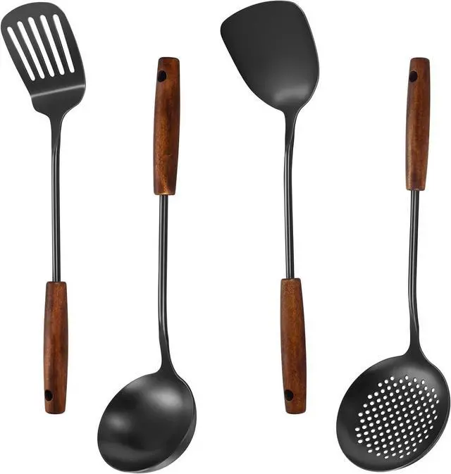Main image of 304 Stainless Steel Kitchen Utensils Set, 4 Pcs Long Cooking Utensils Set with Wooden Handle, Large Heat Resistant Kitchen Tools(Black, Dishwasher Safe)