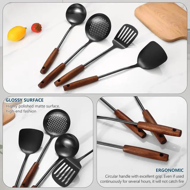 Alt view image 2 of 7 - 304 Stainless Steel Kitchen Utensils Set, 4 Pcs Long Cooking Utensils Set with Wooden Handle, Large Heat Resistant Kitchen Tools(Black, Dishwasher Safe)