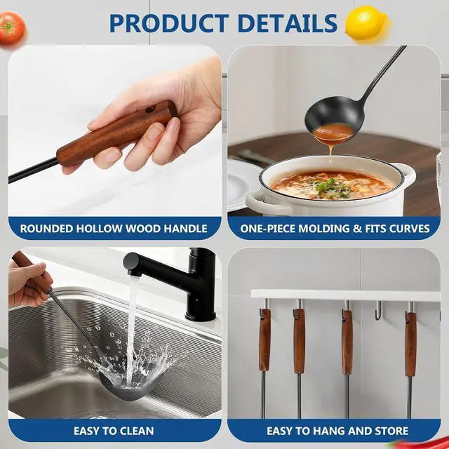 Alt view image 3 of 7 - 304 Stainless Steel Kitchen Utensils Set, 4 Pcs Long Cooking Utensils Set with Wooden Handle, Large Heat Resistant Kitchen Tools(Black, Dishwasher Safe)