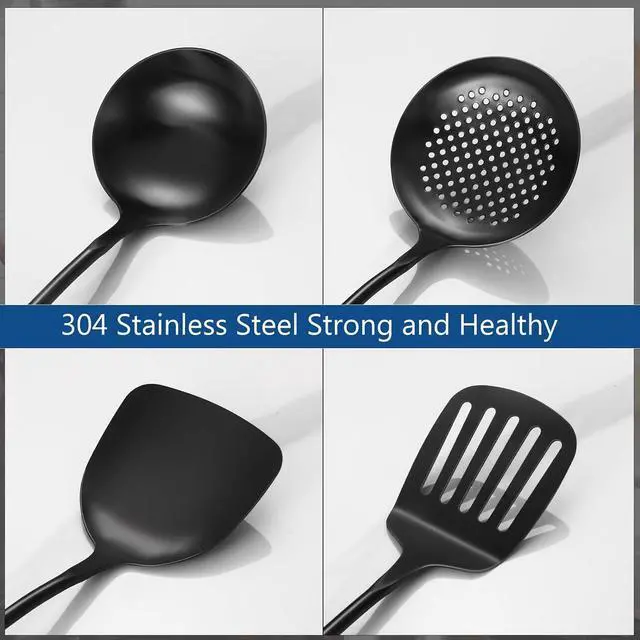 Alt view image 4 of 7 - 304 Stainless Steel Kitchen Utensils Set, 4 Pcs Long Cooking Utensils Set with Wooden Handle, Large Heat Resistant Kitchen Tools(Black, Dishwasher Safe)