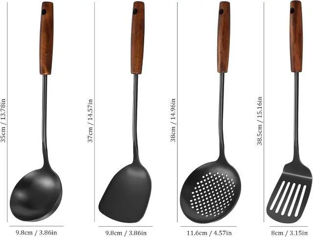 Alt view image 5 of 7 - 304 Stainless Steel Kitchen Utensils Set, 4 Pcs Long Cooking Utensils Set with Wooden Handle, Large Heat Resistant Kitchen Tools(Black, Dishwasher Safe)