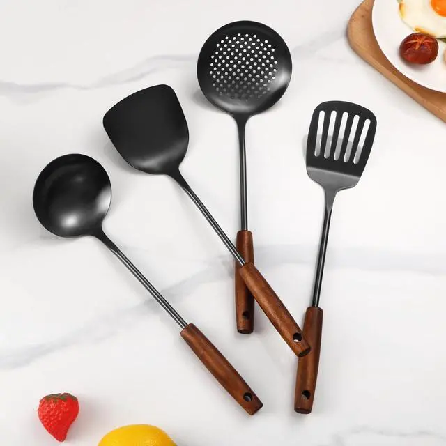 Alt view image 6 of 7 - 304 Stainless Steel Kitchen Utensils Set, 4 Pcs Long Cooking Utensils Set with Wooden Handle, Large Heat Resistant Kitchen Tools(Black, Dishwasher Safe)